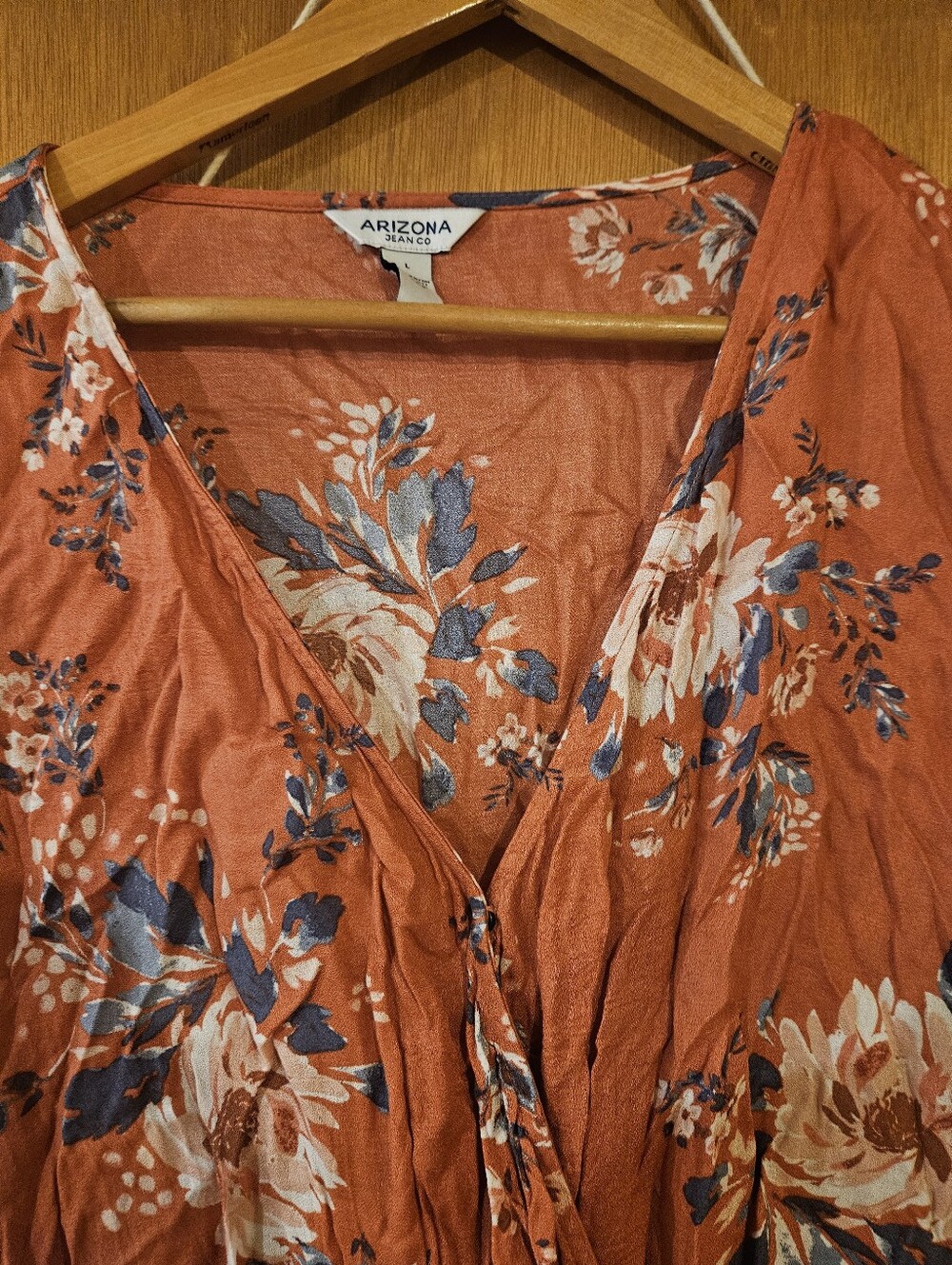 Arizona Jean Company Rust Floral Wrap Top with Blue and Cream Accents - Picture 3 of 5